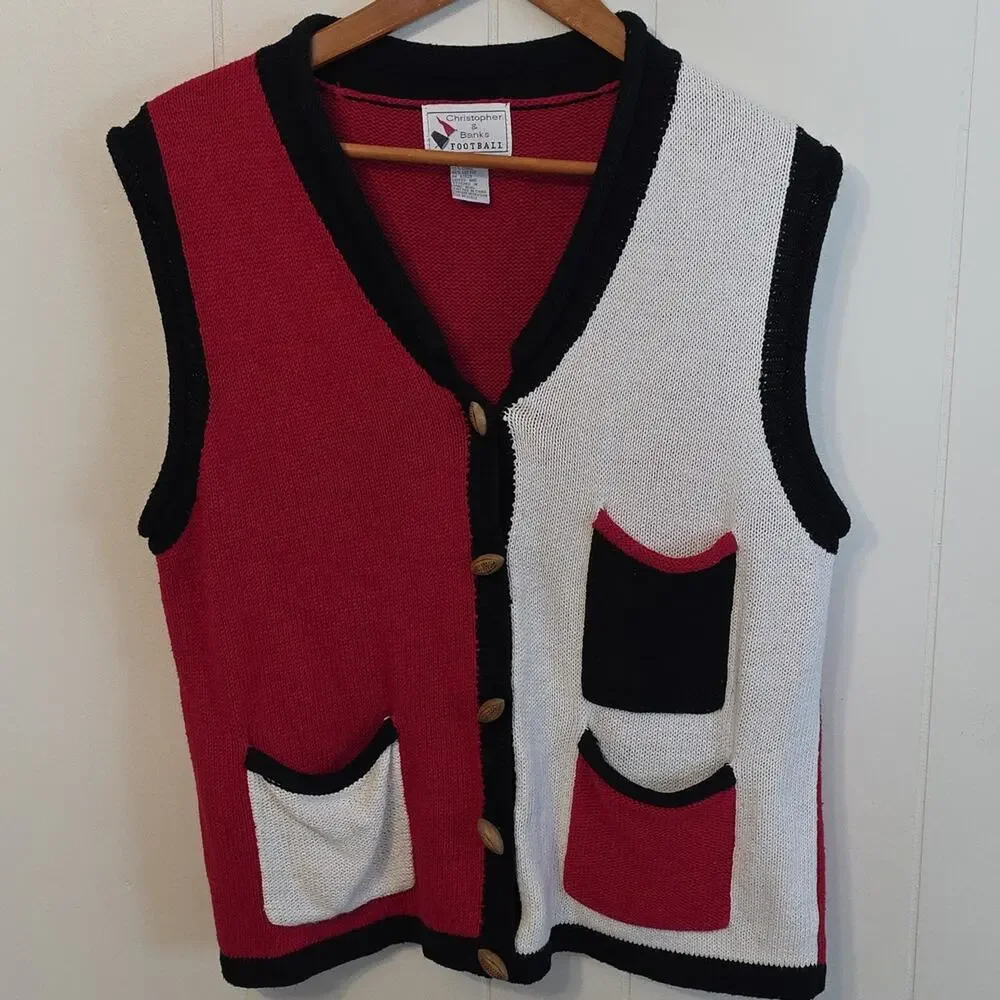 Vintage Christopher & Banks Red White Wooden Football Buttons Knit Vest Womens M